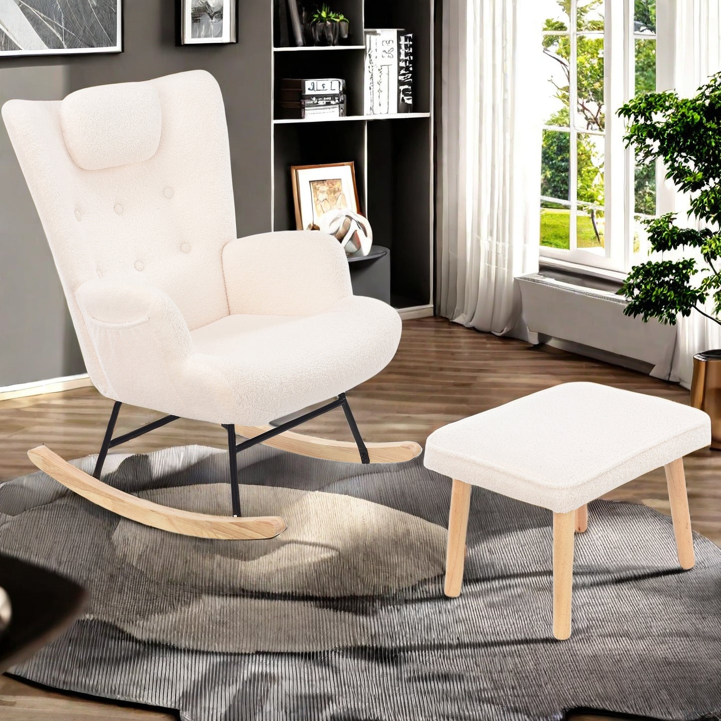 Fauteuil – Schommelstoel – Relaxstoel – Loungefauteuil – Leesfauteuil – Met Voetenbank – Zijzakken – Ergonomisch Design – Massief Hout – Wit