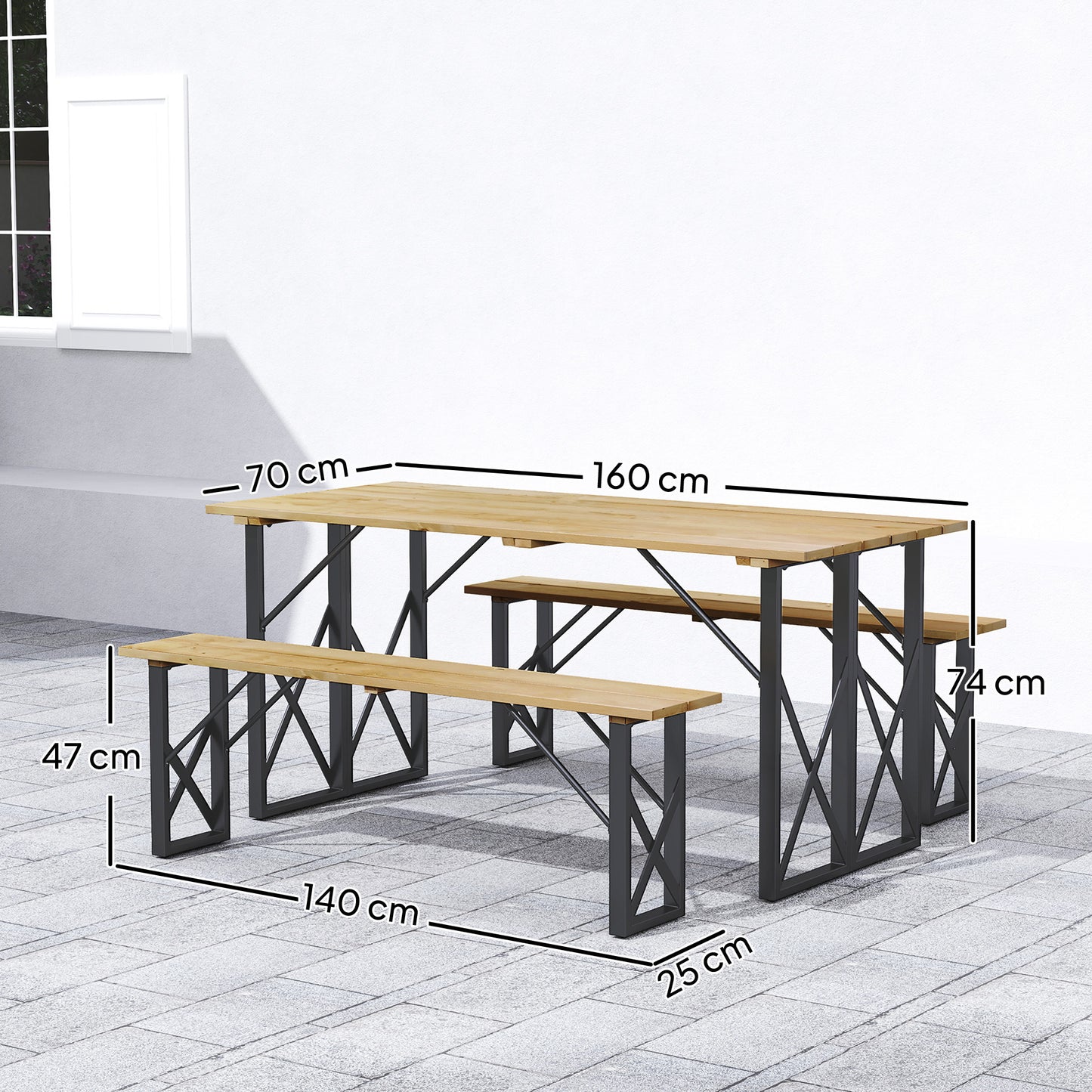 Houten Picknicktafel – Tuinset – Buitentafel – Terrasmeubel – Eettafel – 160 cm Met Parasolgaten – Stevig Stalen Frame