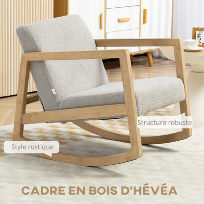 Schommelstoel – Relaxstoel – Fauteuil – Voedingsstoel – Loungestoel – Bouclé Stoffering – Massief Hevea Houten Frame – 60 x 81 x 71 cm – 150 kg Draagkracht