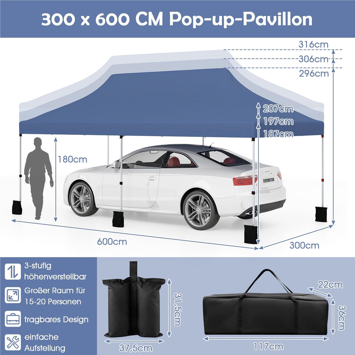 Opvouwbare Partytent – Vouwtent – Tent – Paviljoen – Tuinpaviljoen – Waterbestendig – UV Bescherming 50+ – 3x6m – Hoogte Verstelbaar – Blauw