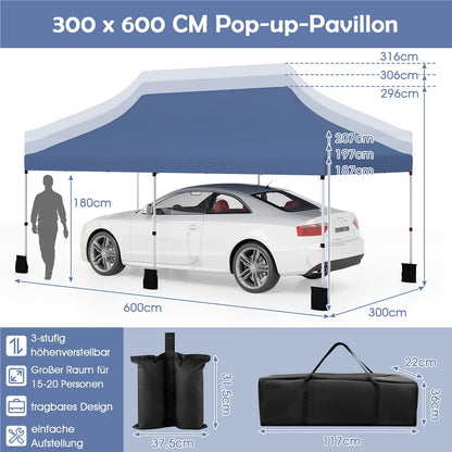 Opvouwbare Partytent – Vouwtent – Tent – Paviljoen – Tuinpaviljoen – Waterbestendig – UV Bescherming 50+ – 3x6m – Hoogte Verstelbaar – Blauw
