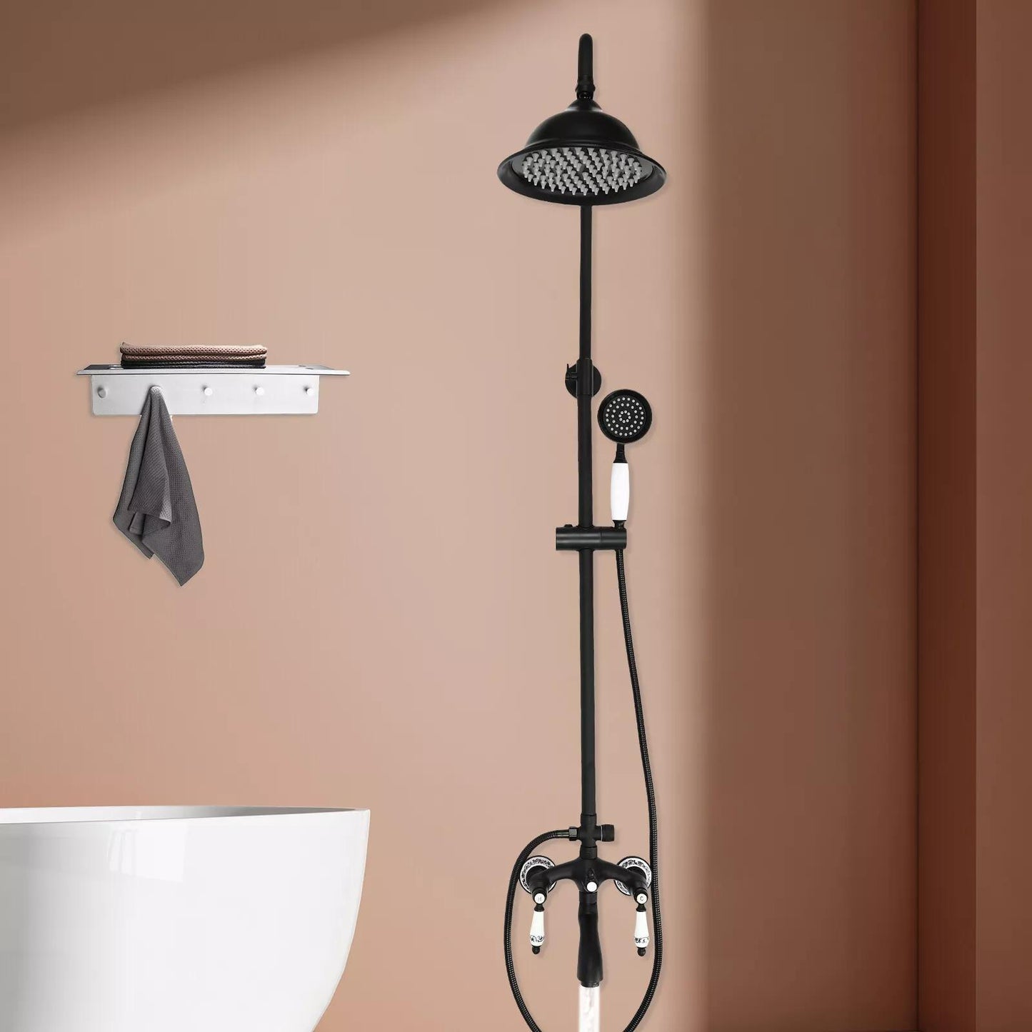 Regendoucheset – Doucheset – Douchekolom – Douchekraan – Douchesysteem – Zwart metalen design – Verstelbare hoogte 78-115 cm – Duurzame messing en RVS constructie