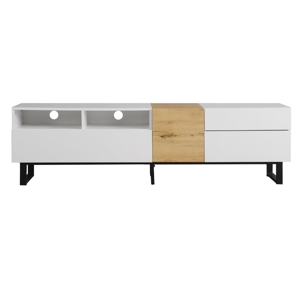 Modern TV Stand, White with Wood Grain Finish, Dimensions 180×50×38cm, Minimalist Design