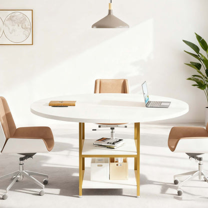 Ronde Vergadertafel – Conferentietafel – Meetingtafel – Bureaustafel – Kantoor­tafel – Wit & Goud Design – 47 Inch Rond – 2-Lagen Opbergrekken – Verstelbare Voetjes