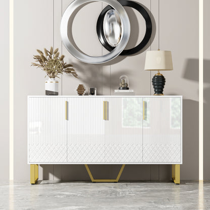 Dressoir – Sideboard – Opbergkast – Kast – Buffetkast – Wit Hoogglans – Geometrische Deuren – 140x40x80 cm – Metalen Handgrepen – Metalen Pootjes