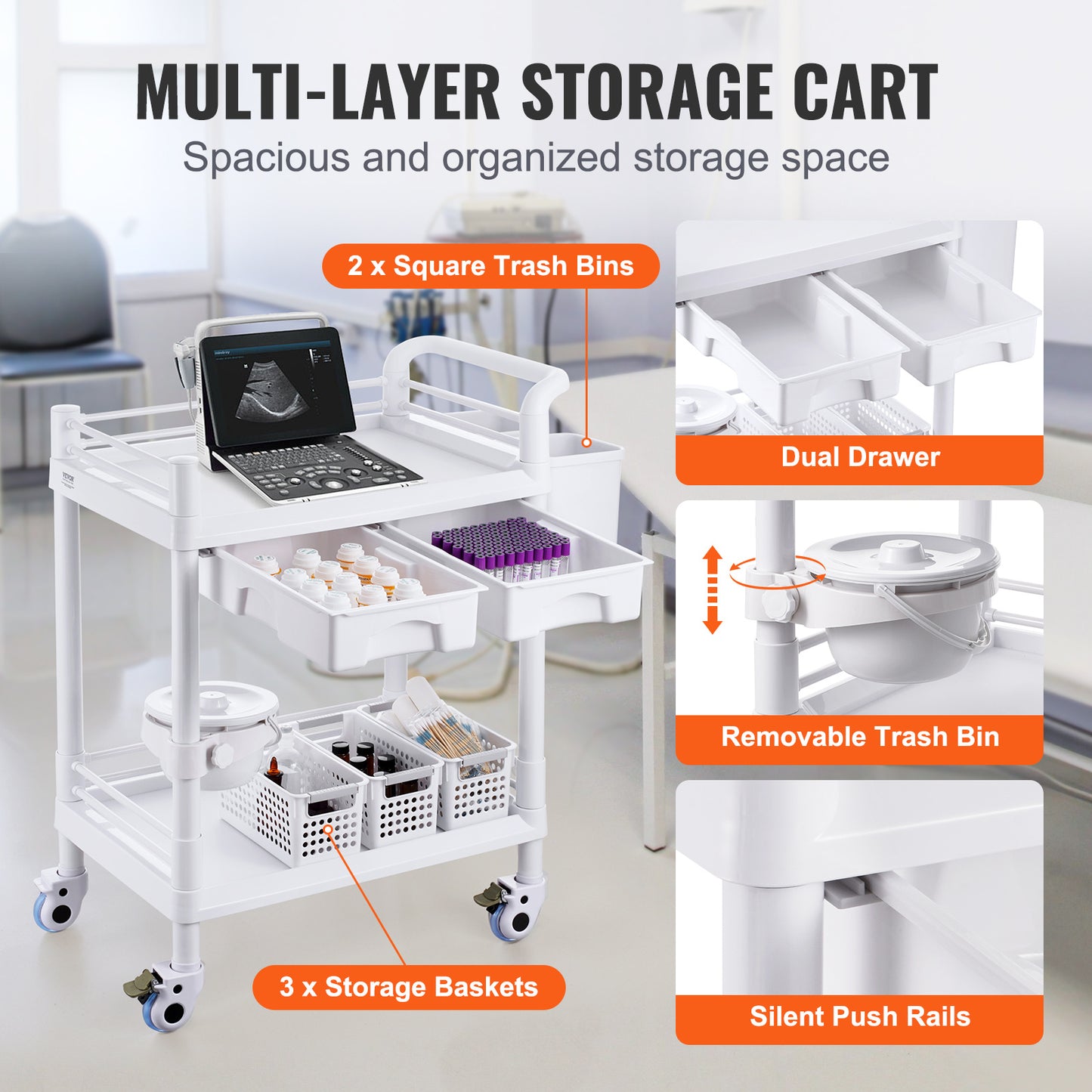 Medische Kar – Laboratoriumwagen – Mobiele Trolley – Rolwagen – Opbergwagen – 2 Etages & 2 Lades – 3 Afvalbakken Wit