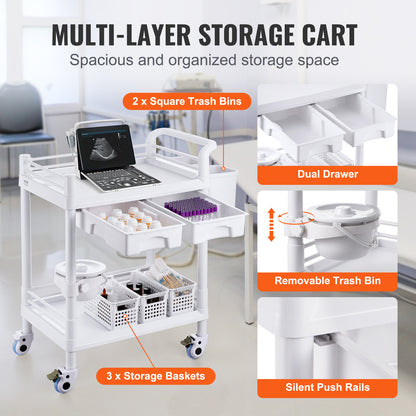 Medische Kar – Laboratoriumwagen – Mobiele Trolley – Rolwagen – Opbergwagen – 2 Etages & 2 Lades – 3 Afvalbakken Wit