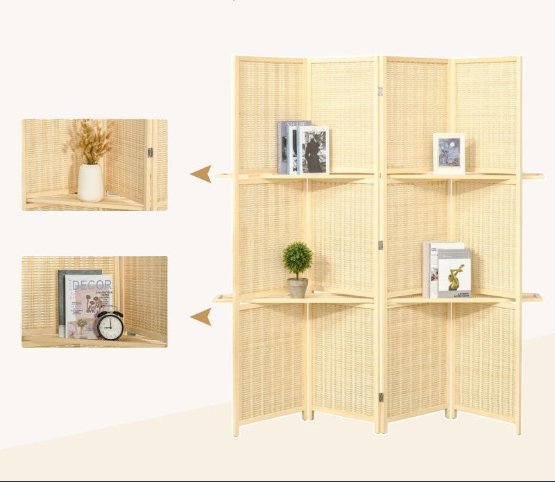 Roomdivider – Kamerscherm – Scheidingswand – Paravent – Vakkenkast – Natuurlijk Hout – 2 Inklapbare Planken