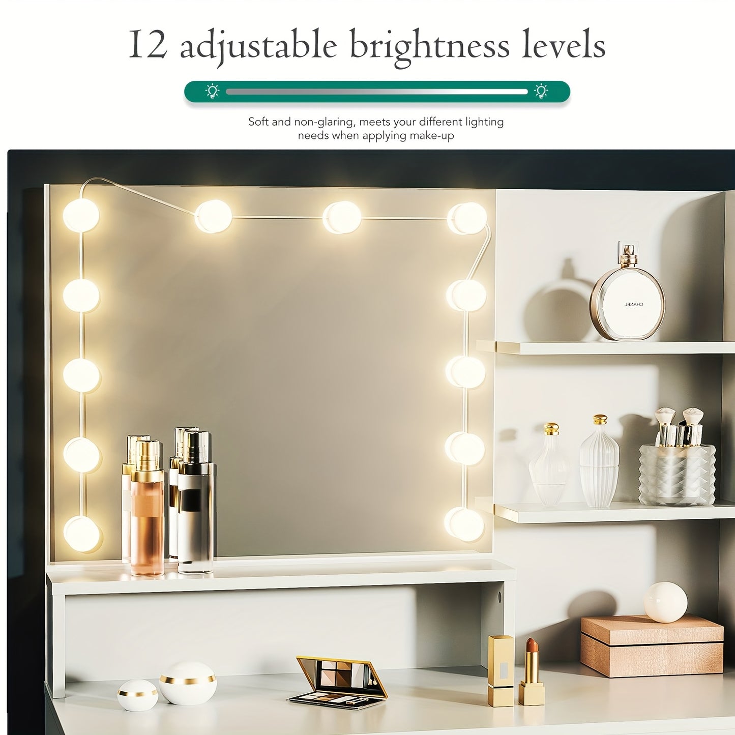 Make-up Tafel – Kaptafel – Schminktafel – Dressing Table – Beauty Tafel – Witte Metalen Kaptafel – LED Spiegel Met 3 Lichtstanden – Inclusief Comfortabele Kruk