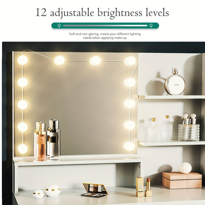 Make-up Tafel – Kaptafel – Schminktafel – Dressing Table – Beauty Tafel – Witte Metalen Kaptafel – LED Spiegel Met 3 Lichtstanden – Inclusief Comfortabele Kruk