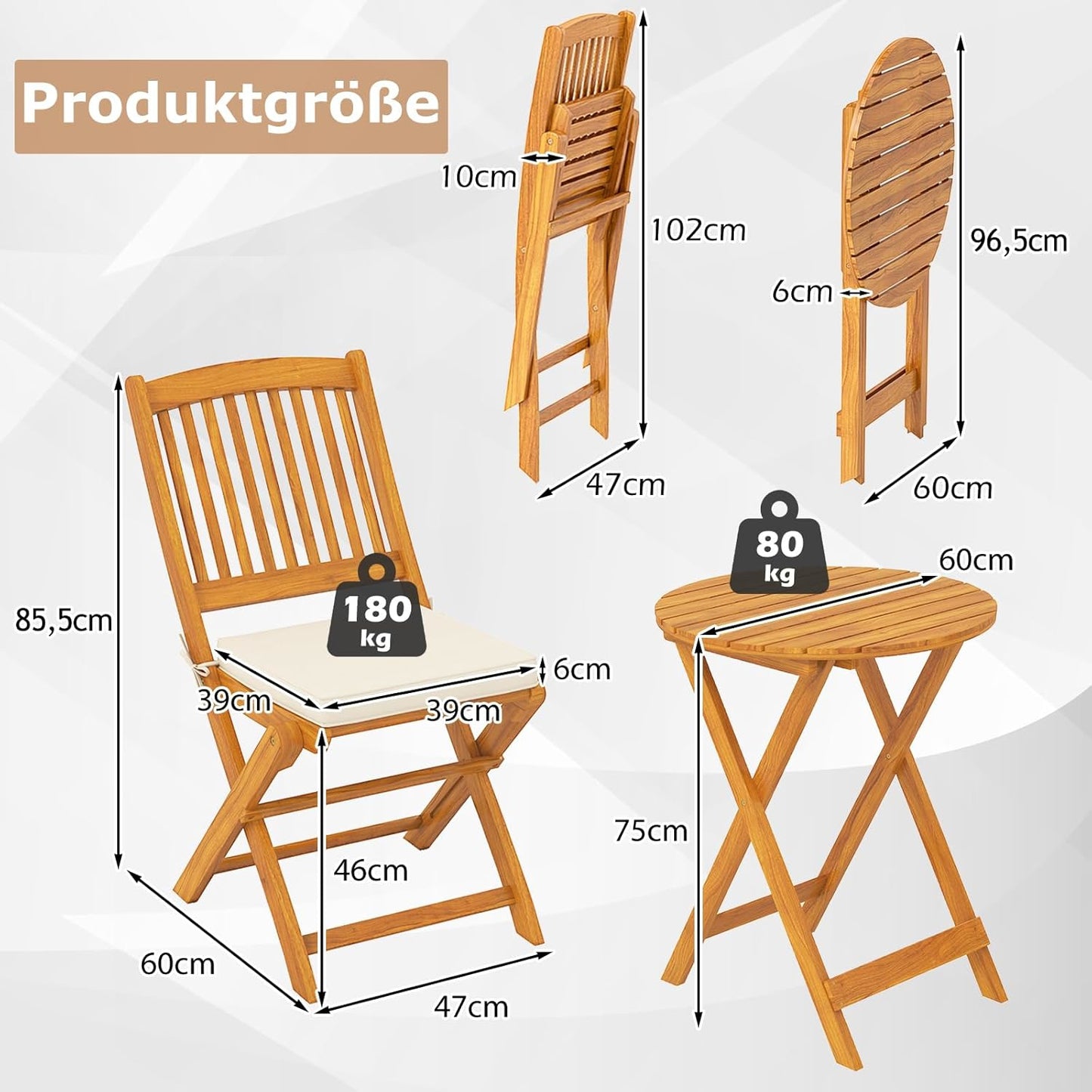 3-delige Bistro Set – Tuinset – Balkonset – Terrasmeubilair – Opklapbare Stoelen – Acaciahouten Frame – Comfortabele Kussens – Compact Opvouwbaar Design