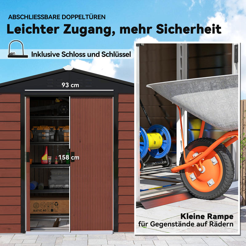 Metal Storage Shed, Weatherproof & Rust-Resistant, Lockable, 2.40 X 2.06 X 1.98 M, Teak, Temporary, Removable. Sturdy And Durable Outdoor Storage Space, Garden House, Tool Room, Yard Storage.