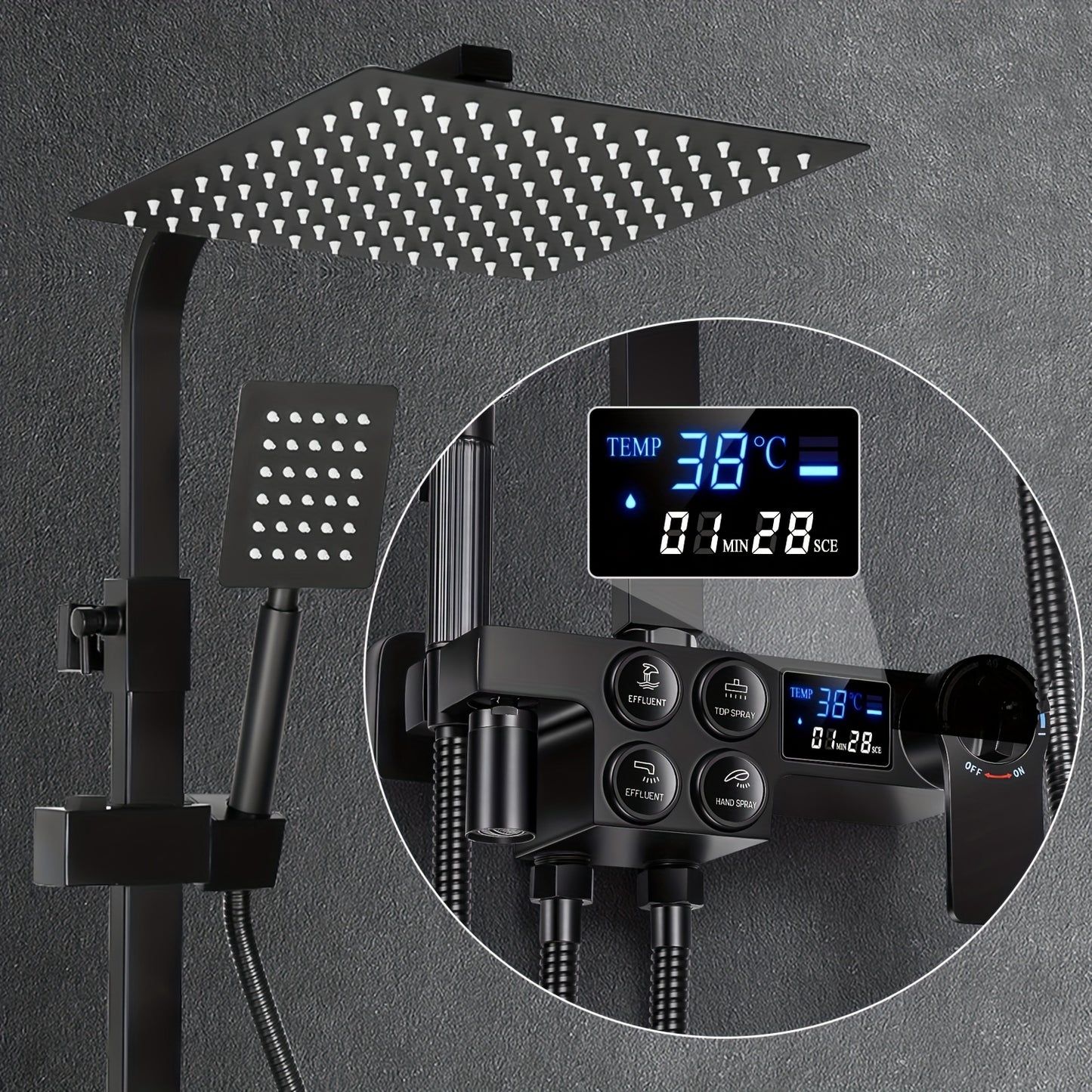 Thermostatische Douche – Doucheset – Regendouche – Handdouche – Bidet Douche – Mat Zwart Design – Waterkracht Aangedreven Display – Verstelbare Hoogte & Luchtverrijkte Waterstraal