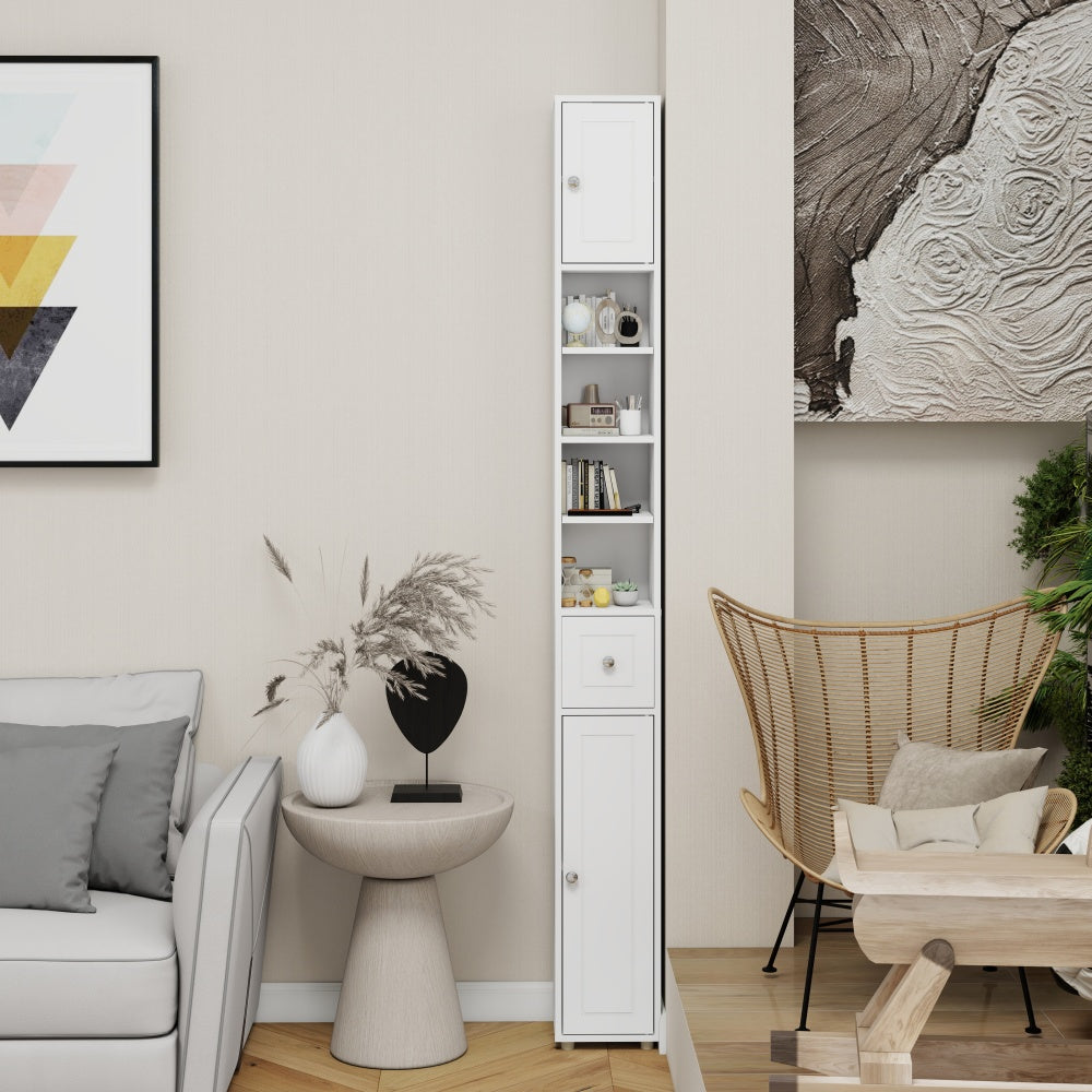 Badkamerkast – Medicijnkast – Kolomkast – Opbergkast – Wastafelonderkast – Hoog en Slank – 180 cm – 2 Deuren, 1 Lade, 4 Verstelbare Planken – Vrijstaand – Wit