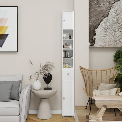 Badkamerkast – Medicijnkast – Kolomkast – Opbergkast – Wastafelonderkast – Hoog en Slank – 180 cm – 2 Deuren, 1 Lade, 4 Verstelbare Planken – Vrijstaand – Wit