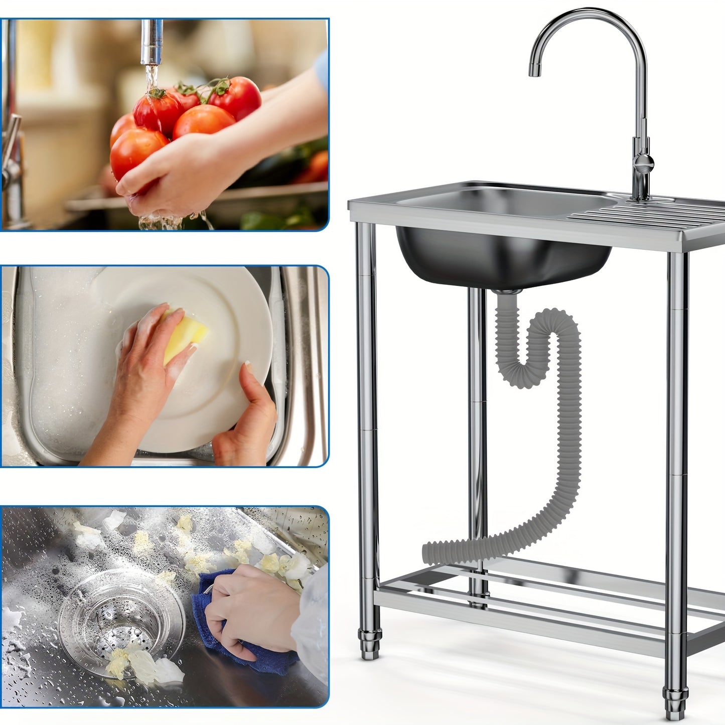 RVS Keukenspoelbak – Spoelbak Met Werkblad – Wasbak – Buitenkeuken Spoelbak – Vrijstaande Spoelbak – Roestvrij Staal – 75x40cm – Met Warm- En Koudwaterkraan – Duurzaam En Praktisch Design