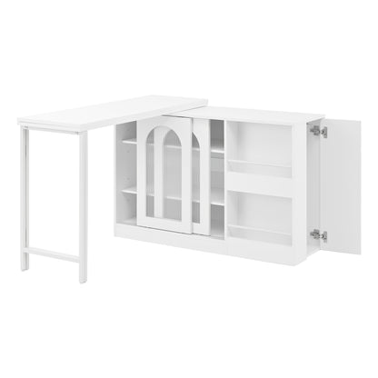 Adjustable Height Telescopic 360° Swivel Bar Table with Reversible & Glass Doors - White Metal Modern Dining Table/Kitchen Island for Office, Coffee Bar, Space-Saving Furniture (Easy Assembly, No Wood Components)