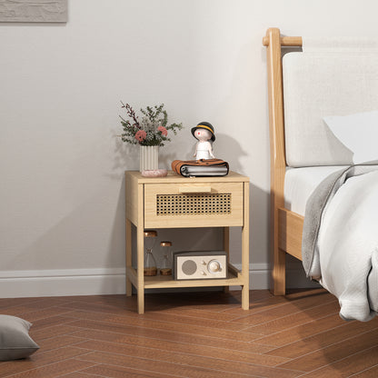 Nachtkastje – Bijzettafel – Bedtafeltje – Nachtkast – Houten Kastje – Houtkleur Met Rattan Design – 40x40x48,4 cm – Met Laden En Open Planken