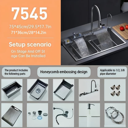 Digitale Watervalspoelbak – Keukenspoelbak – Enkelkomspoelbak – Roestvrijstalen Spoelbak – Moderne Spoelbak – 75x45 cm – Grijs Roestvrijstaal – Digitaal Display