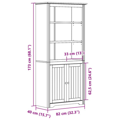 boekenkast – boekenrek – opbergkast – wandkast – vakkenkast – massief dennenhout – 3 open planken met 2 deuren – wit Frans design