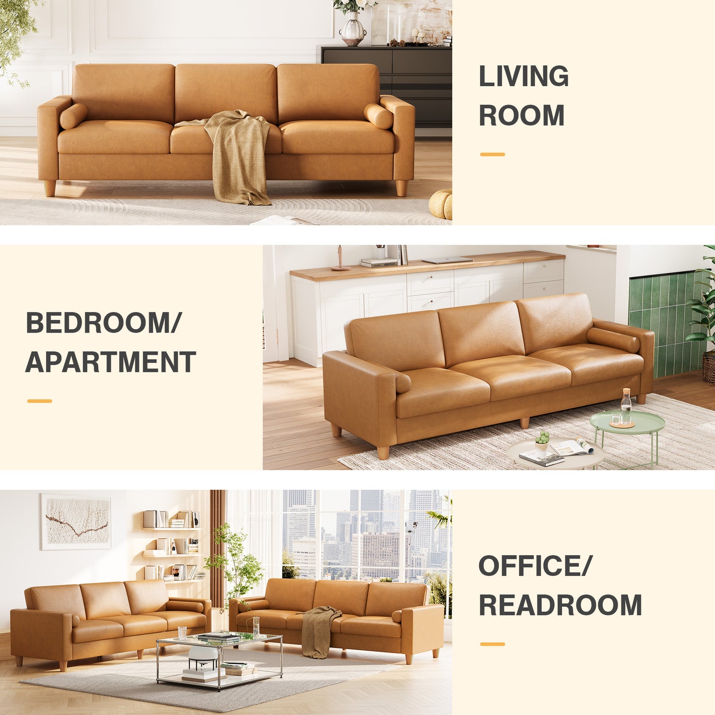 Modern 3-Seater Sofa Couch with Thick PU Leather Cushions & Pillows - -Assembly Wide, Sturdy Frame Suitable for Living Room, Bedroom, Office - Spacious Contemporary Sofa for Families & for While Back (Assembly Required)