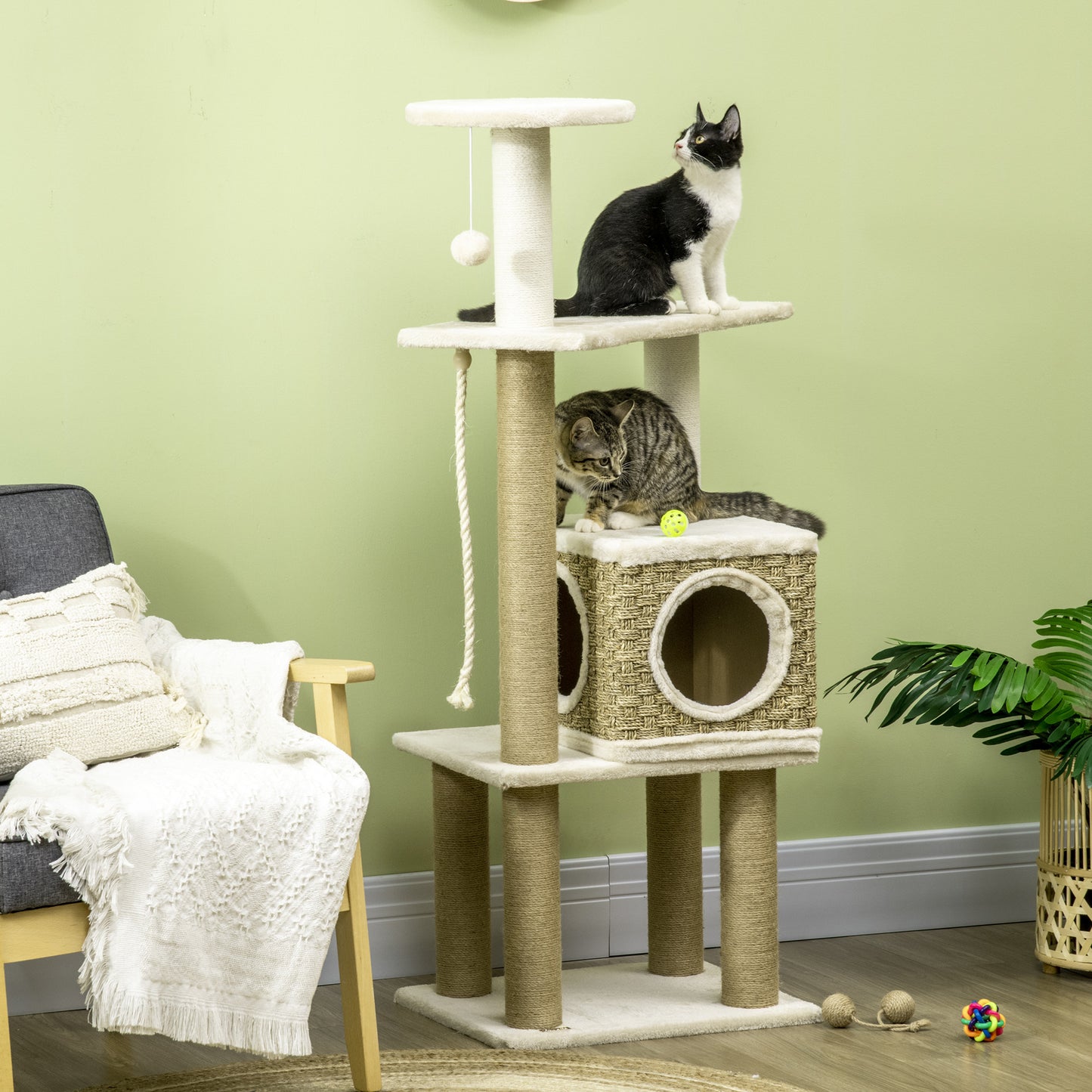 Kattenklimpaal – Krabpaal – Klimtoren – Kattenboom – Kattenhuisje – 128 cm Hoog – Duurzaam Zeegras & Zachte Pluche – Beige