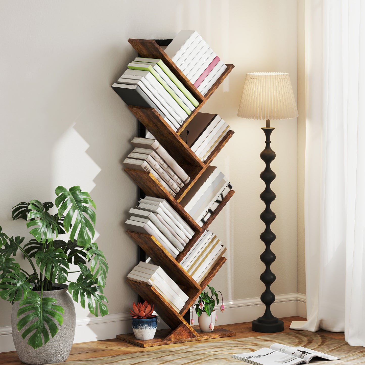 Boekenplank Vloerstaand – Boekrek – Opberger – Boekenhouder – Vakkenkast – Rustiek Bruin – Boomvorm Met 9 Niveaus – Ruimtebesparend Smal Design