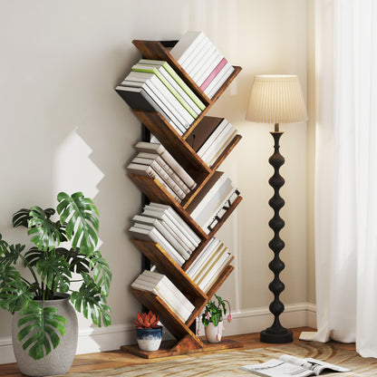Boekenplank – Boekenkast – Wandplank – Opbergkast – Rek – Smal En Hoog – Boomvormig Design – Rustiek Bruin Hout