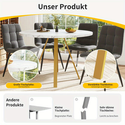 Ronde Eettafel – Ronde Tafel – Keukentafel – Eettafel 4 Personen – Koffietafel – Metalen Gouden Poten – Witte Marmerlook – 80x80x75 cm