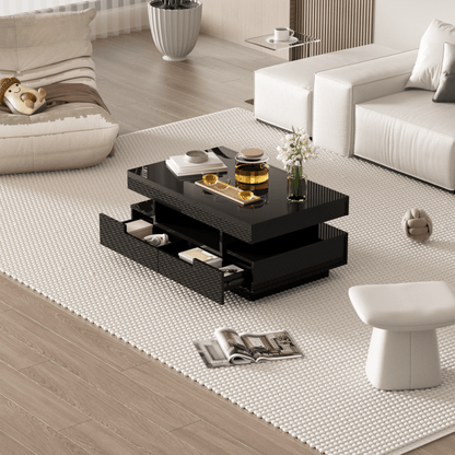 Salontafel – Koffietafel – Bijzettafel – Nachtkastje – Woonkamertafel – Hoogglans Zwart – Vier Lades & Opbergruimte – Ingebouwde Blauwe LED Sfeerlicht