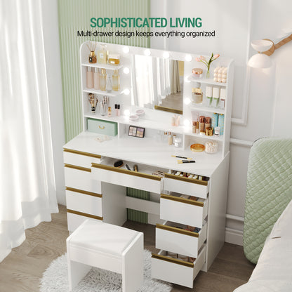 Kaptafel – Make-up Tafel – Cosmetica Tafel – Schoonheidstafel – Dressing Table – 10 LED Lampen Met 3 Lichtkleuren – 9 Laden Wit Goud