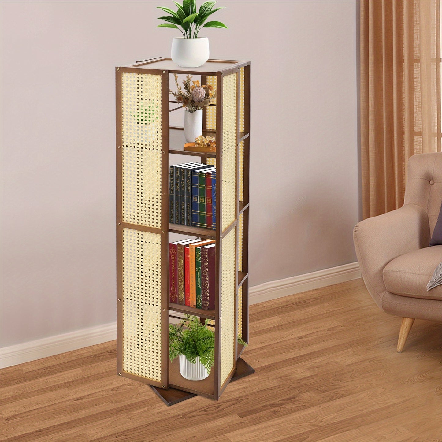 Boekenkast – Boekenrek – Opbergkast – Vakkenkast – Draaibare Kast – 4 Lagen – 360° Draaibaar – Hoogwaardig Bamboe Theebruin