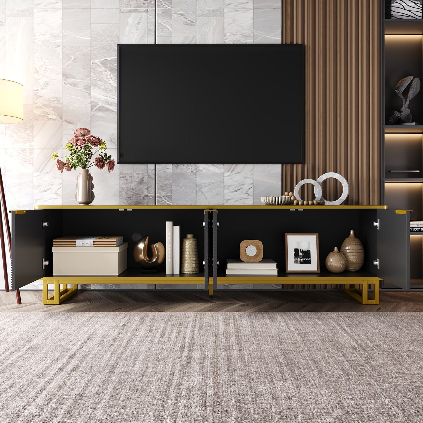 Modern Low-Profile 4-Door TV Stand Cabinet with Geometric Texture Panel Doors - Non-Wood TV Entertainment Center Suitable for Flat-Screen TVs, Easy Assembly, Space-Saving Design
