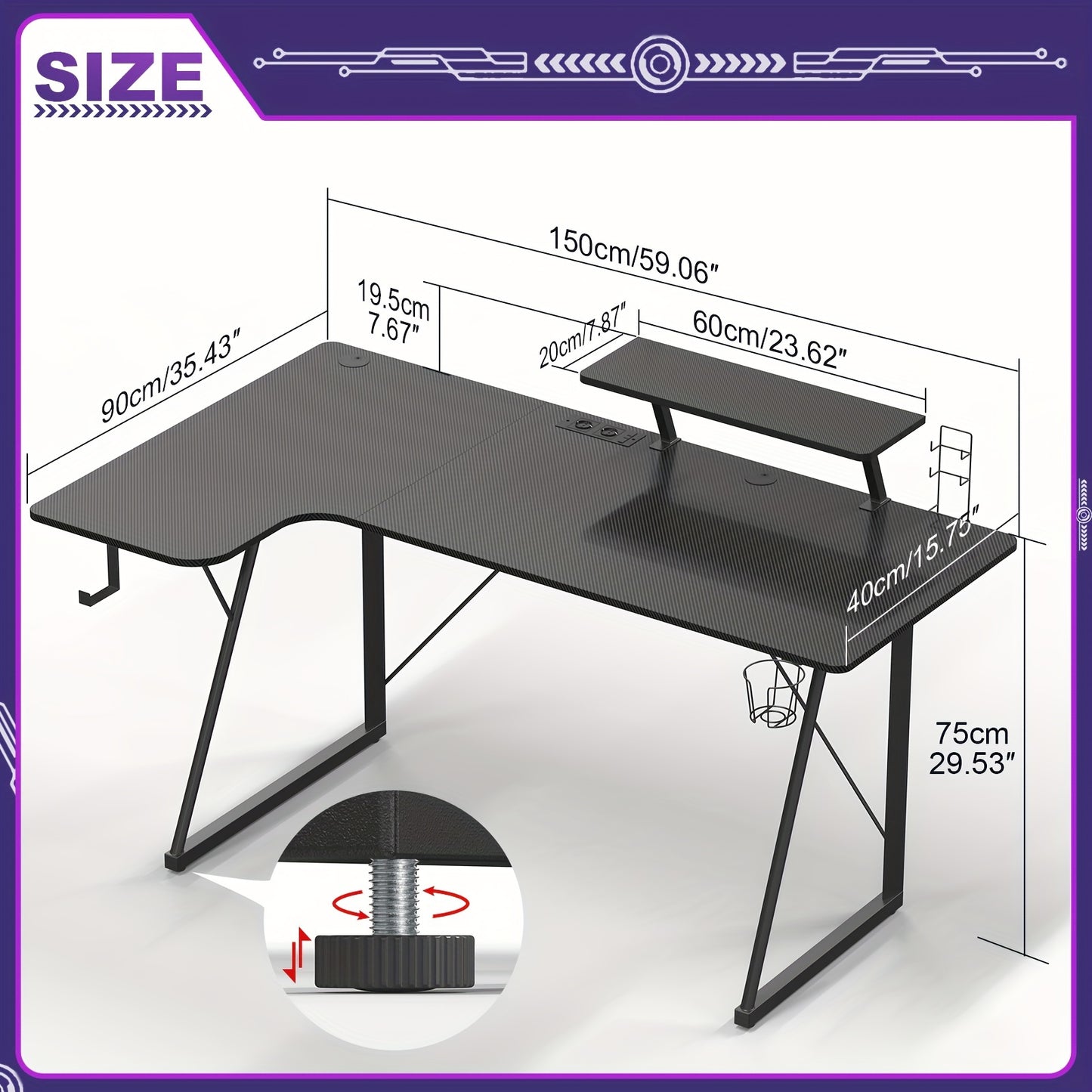 Gaming Tafel – Game Bureau – Werkplek Bureau – Gaming Desk – Computer Tafel – Zwart – Ergonomisch Design – Carbon Fiber Bovenblad – 150x90-40x75 cm – 150 kg Draagvermogen – Inclusief Controllerhouder & Koptelefoonhaak