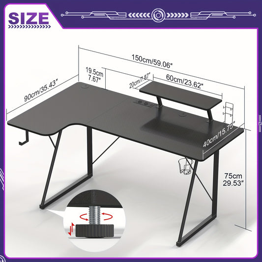 Gaming Tafel – Game Bureau – Werkplek Bureau – Gaming Desk – Computer Tafel – Zwart – Ergonomisch Design – Carbon Fiber Bovenblad – 150x90-40x75 cm – 150 kg Draagvermogen – Inclusief Controllerhouder & Koptelefoonhaak