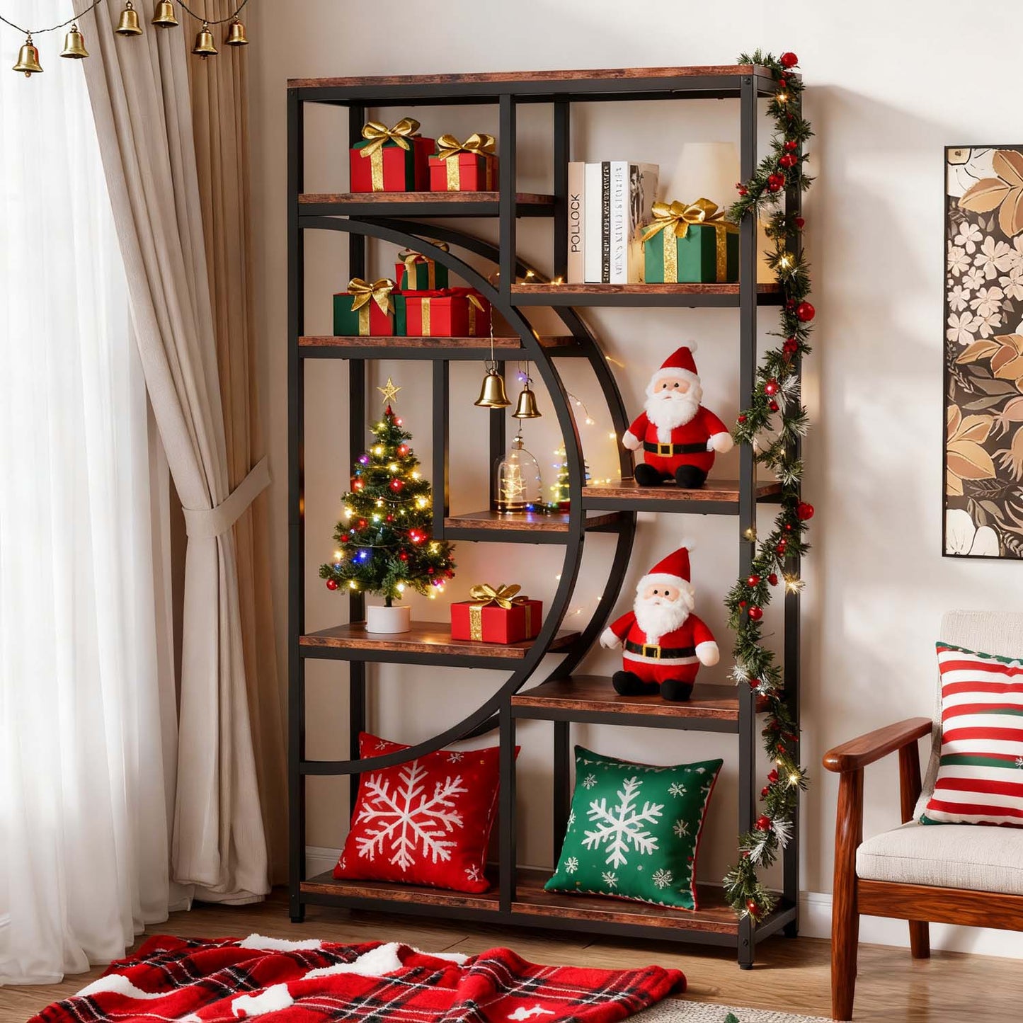 Tall 5-Tier Industrial Bookcase with 9-Shelf Open Storage - Rustic Modern Freestanding Shelving Unit Suitable for Living Room, Bedroom, Christmas Decor - Wood & Metal Frame, Assembly, Space-Saving Vertical Organizer
