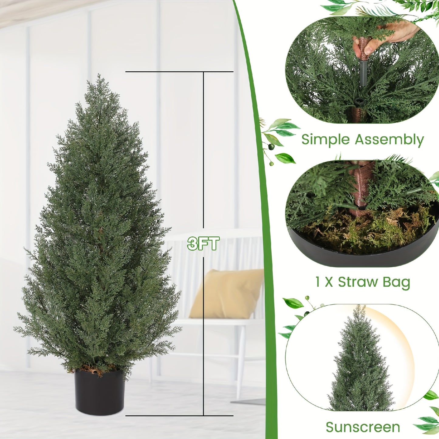 Kunstcipres – Kunstboom – Sierboom – Kunstplant – Topiary Boom – Set van 2 – 90 cm Hoog – Weerbestendig Kunststof Metalen Stam