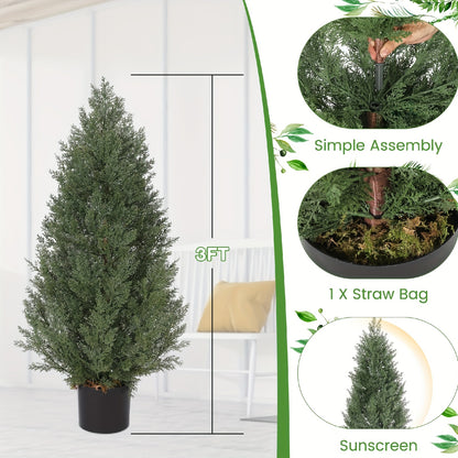 Kunstcipres – Kunstboom – Sierboom – Kunstplant – Topiary Boom – Set van 2 – 90 cm Hoog – Weerbestendig Kunststof Metalen Stam