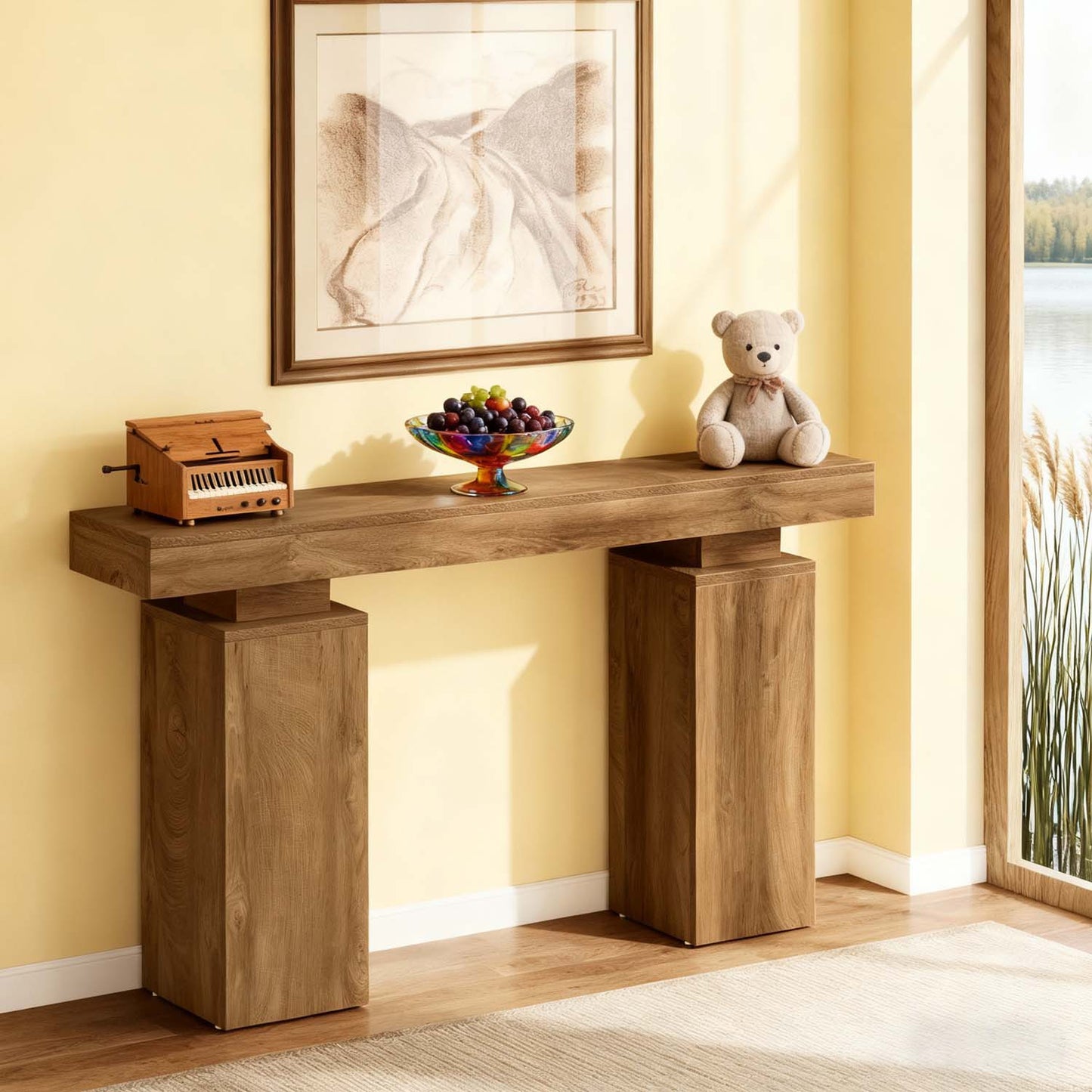 1pc 63-Inch Long Console Table | Farmhouse Wooden Entryway Table Behind Couch for Hallway or Living Room, Contemporary Style, Mixed Color, Engineered Wood, BYBLIGHT