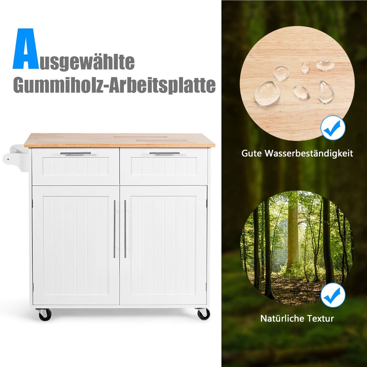 Keukeneiland – Keukenwagen – Serveerwagen – Werktafel – Keukentrolley – Met Handdoekhouder – 2 Laden & 2 Deuren – Witte Rubberwood Constructie