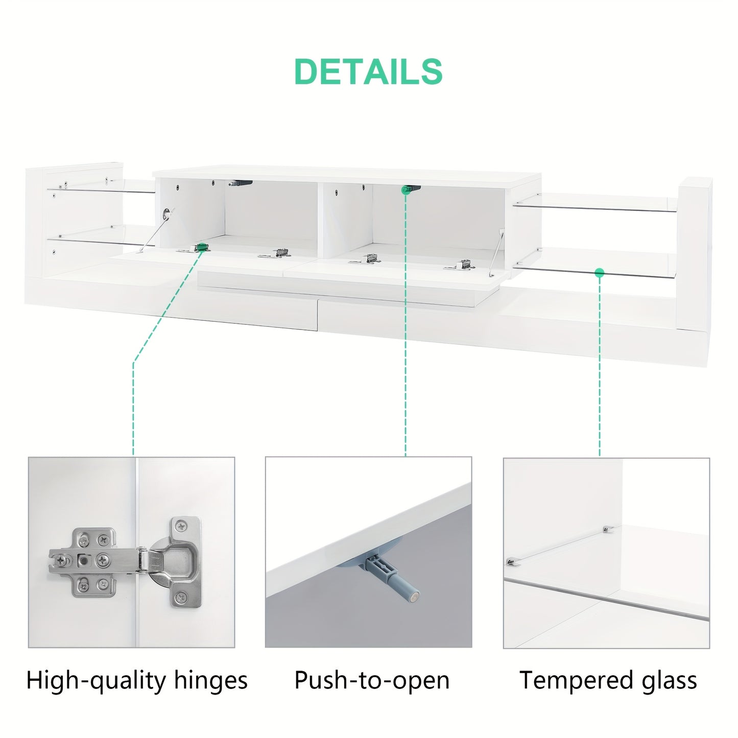 tv meubel – tv kast – tv dressoir – tv meubelen – media meubel – hoogglans wit – glazen front – 181 cm – geschikt voor tv tot 80 inch – twee klepdeuren – hout
