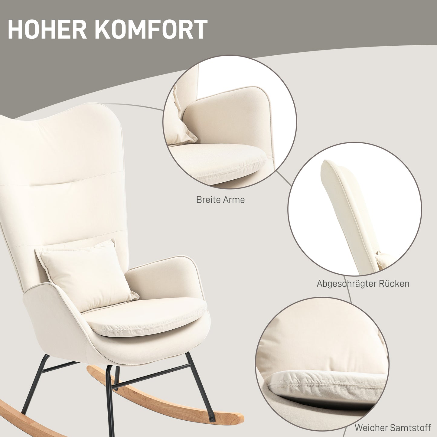 Schommelstoel – Relaxstoel – Schommelzetel – Lounge Chair – Stiltestoel – Crèmewit – Stabiele Houten Poten – Ergonomisch Met Lendenkussen