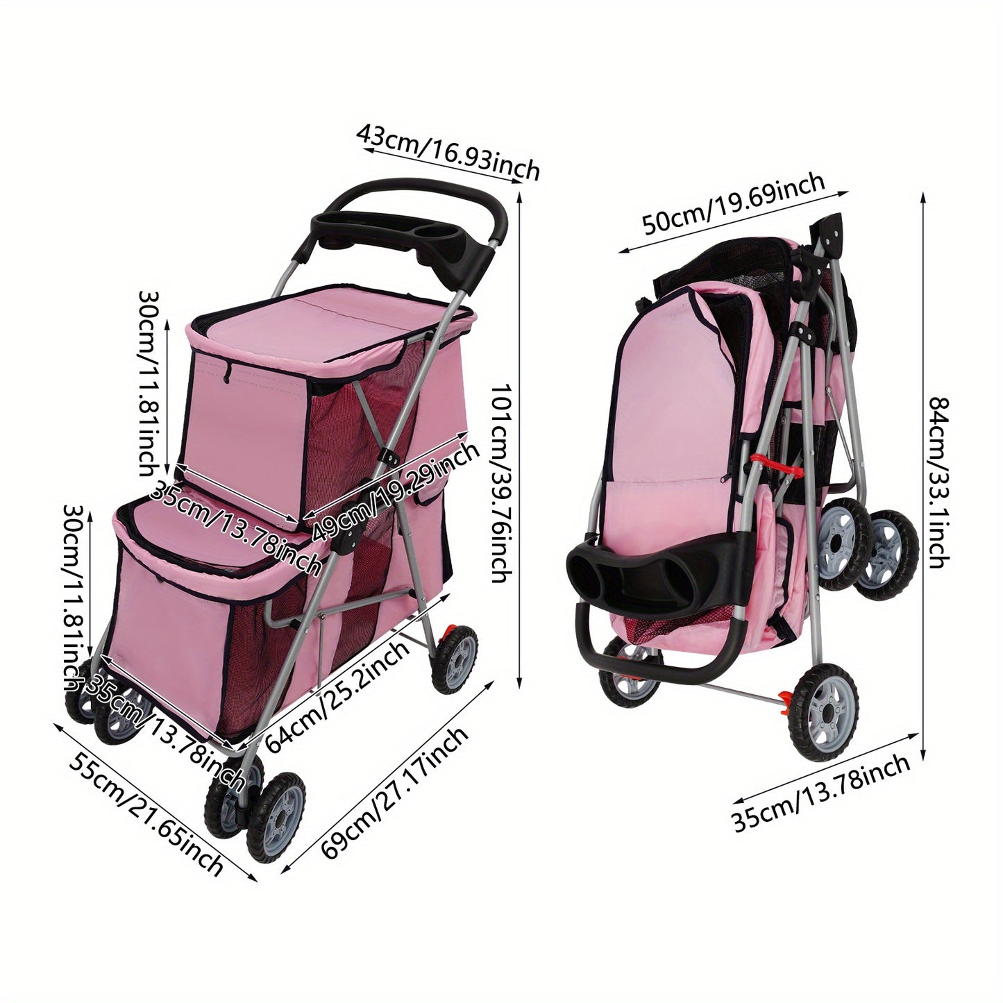 55*69*101cm Double-Tier Pet Stroller - Foldable, Durable Aluminum & Polyester Construction, Spacious Design with 4-Wheel Mobility, Easy to Use for Small & Medium Dogs
