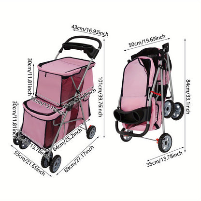 55*69*101cm Double-Tier Pet Stroller - Foldable, Durable Aluminum & Polyester Construction, Spacious Design with 4-Wheel Mobility, Easy to Use for Small & Medium Dogs