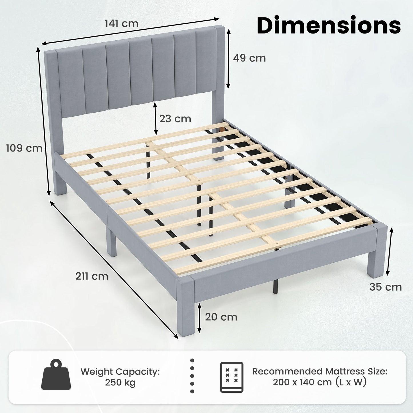 Upholstered Platform Bed, 200 x 140 CM Double Bed Frame with Soft Velvet Fabric Headboard and Wood Slats Support, No Box Spring Needed, Noise-free, Grey