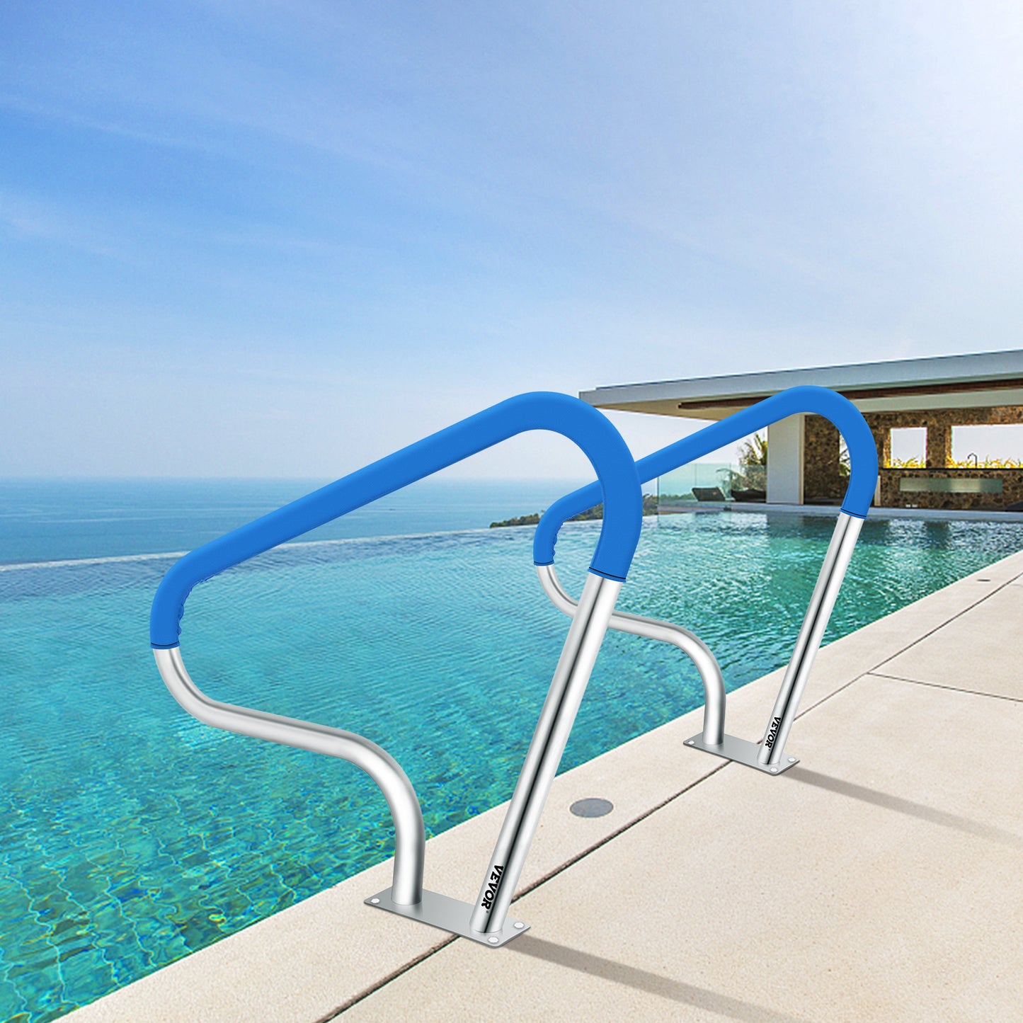 VEVOR Pool Rail 39x32" Pool Railing 304 Stainless Steel 250LBS Load Capacity Silver Rustproof Pool Handrail Humanized Swimming Pool Handrail with Blue Grip Cover & M8 Drill Bit & Self-taping Screws
