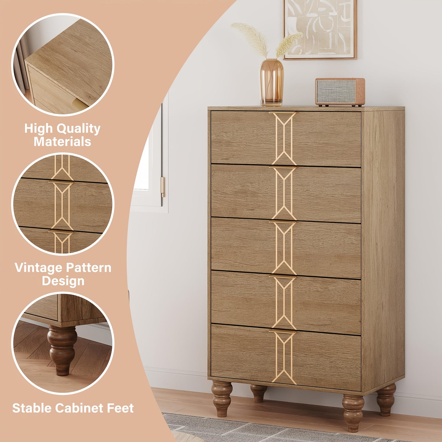 Ladekast – Opbergkast – Kast – Dressoir – Kledingkast – Vrijstaand – Eikenhout – Diepe Lades – Ruimtebesparend – Vintage Design