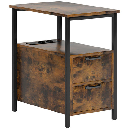 2-Laden Bijzettafel – Nachtkastje – Salontafel – Opbergtafel – Sidetable – Donkerbruin Met Zwarte Poten – Ruime Opberglades – Onderhoudsvriendelijk & Stevig