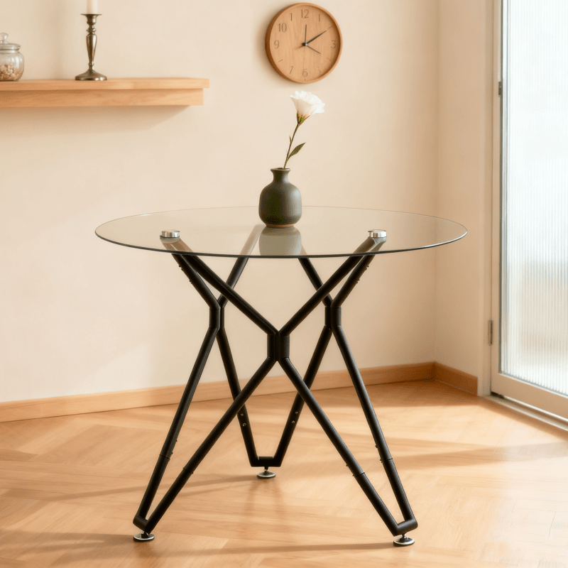 Ronde Eettafel – Eettafel Glas – Tafel Klein – Ronde Tafel – Keukentafel Zwart Metaal – 90 cm Diameter – Gehard Glasblad – Stevig Metalen Onderstel