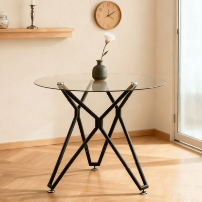 Ronde Eettafel – Eettafel Glas – Tafel Klein – Ronde Tafel – Keukentafel Zwart Metaal – 90 cm Diameter – Gehard Glasblad – Stevig Metalen Onderstel